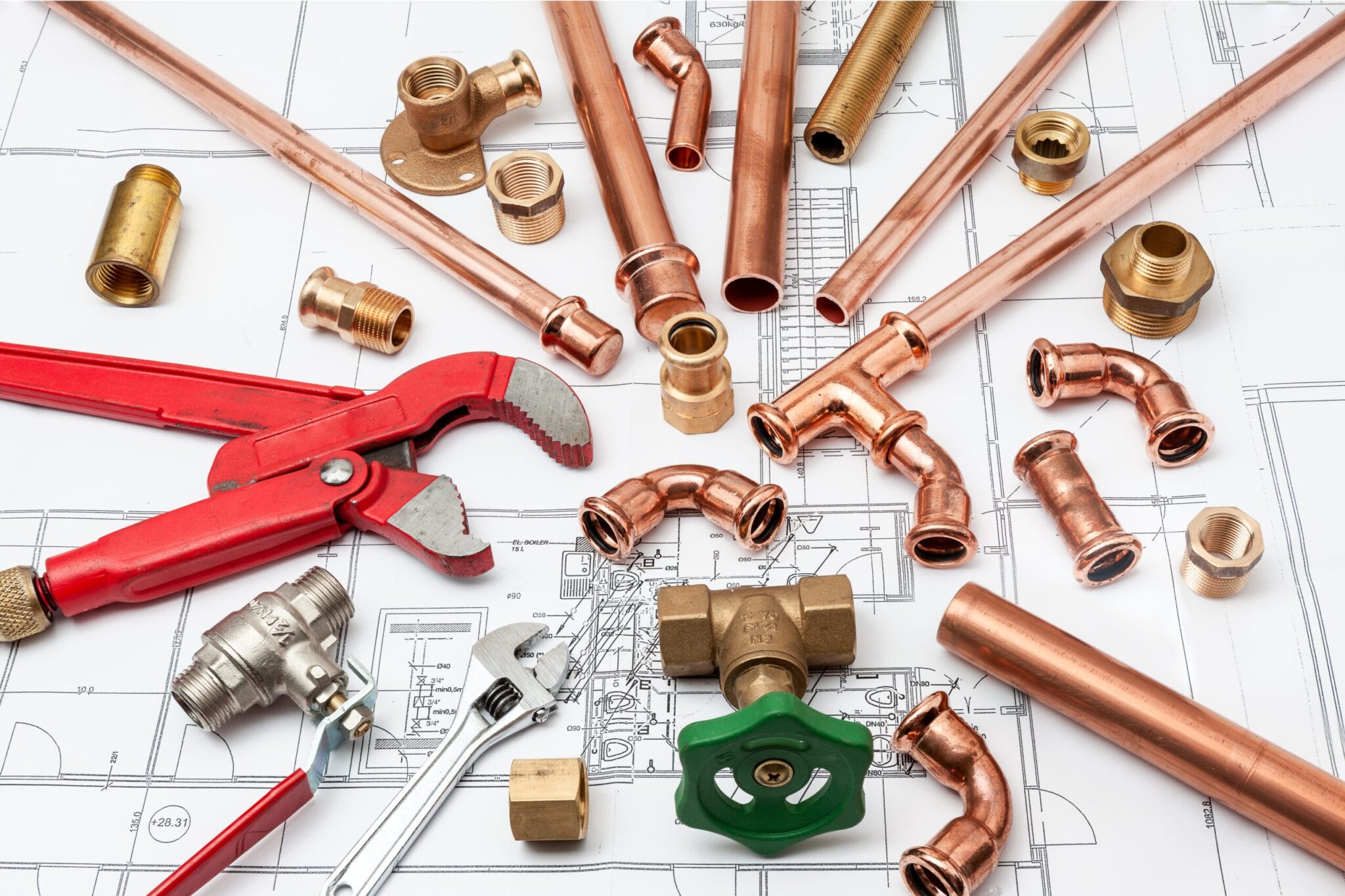 Copper pipes, fittings, valves, and plumbing tools in Deerfield Beach