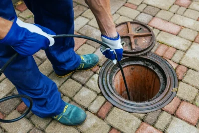 Plumber cleaning an outdoor sewer drain in Deerfield Beach