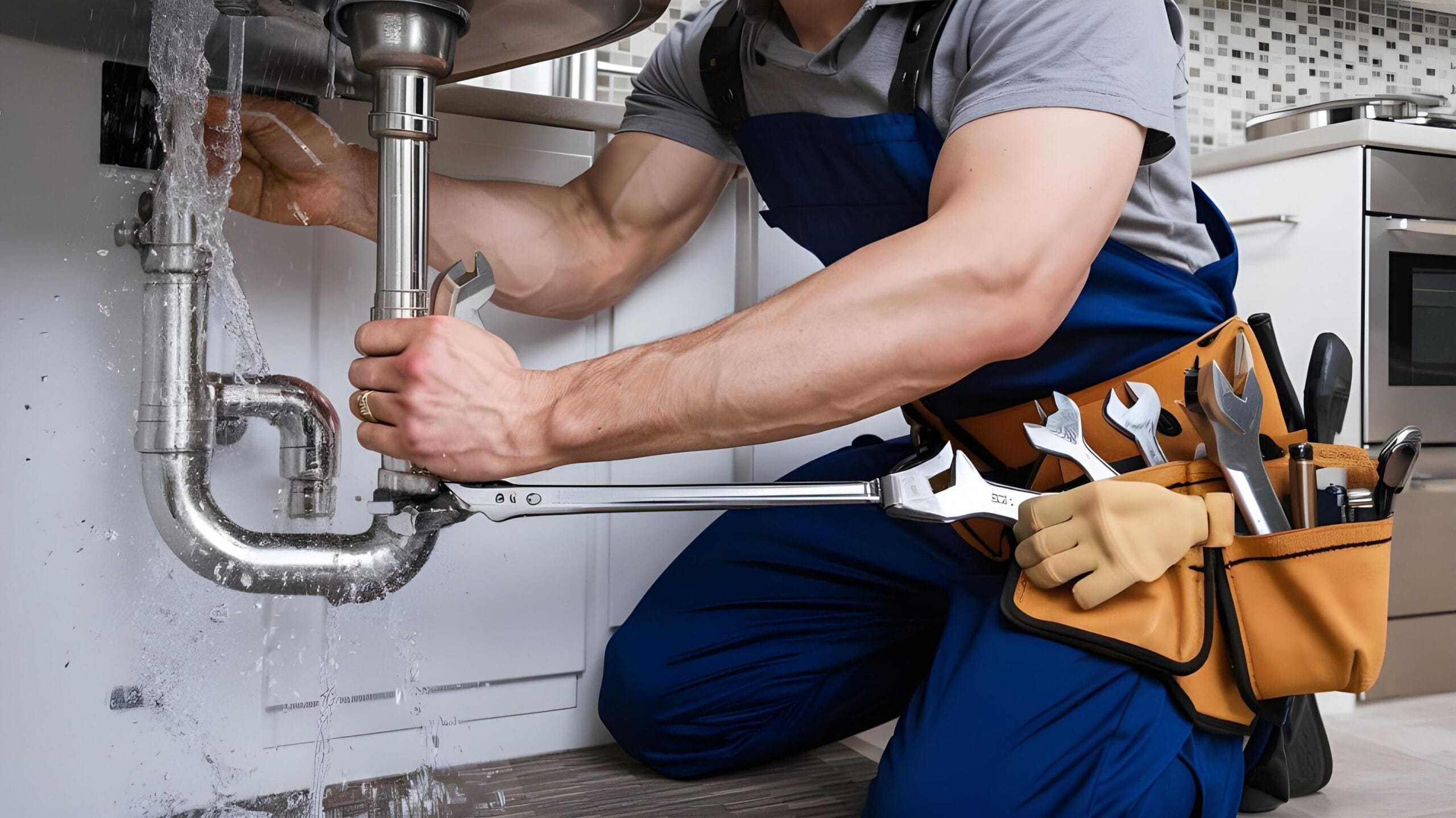 Plumber tightening a residential plumbing pipe in Deerfield Beach