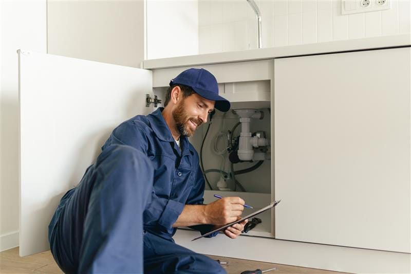 Residential plumber reviewing plumbing repairs in a Deerfield Beach kitchen