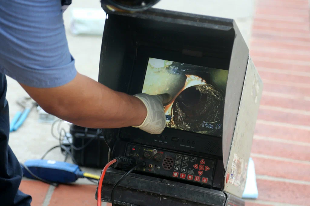 Technician viewing a drain inspection camera in Deerfield Beach