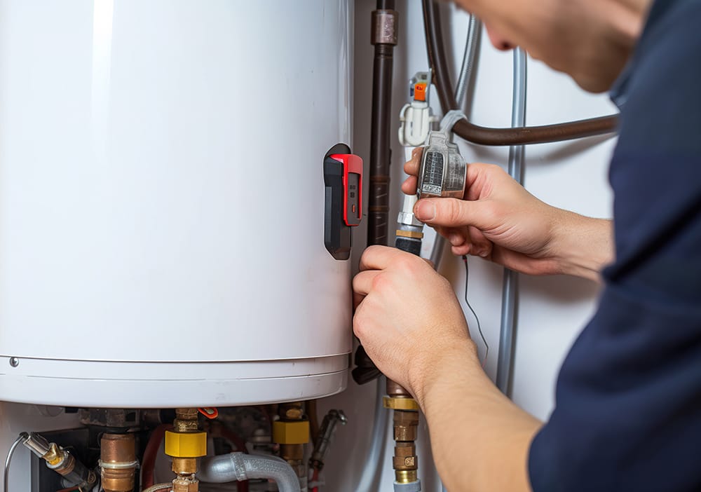 Technician repairing pipes connected to a water heater in Deerfield Beach